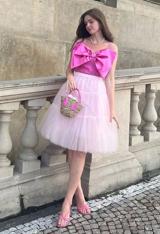 Sweety Light Pink Midi Tulle Women Skirts With Bright Line Details A-line Tutu Tulle Girl Skirt Stretchy Waistband