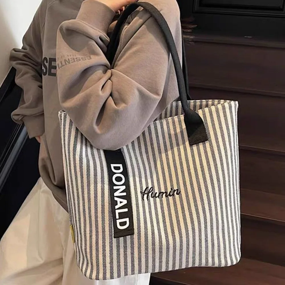 Fashion Striped Tote Bag Large Capacity Canvas Shoulder Bag Multifunctional Commuting Bag Women