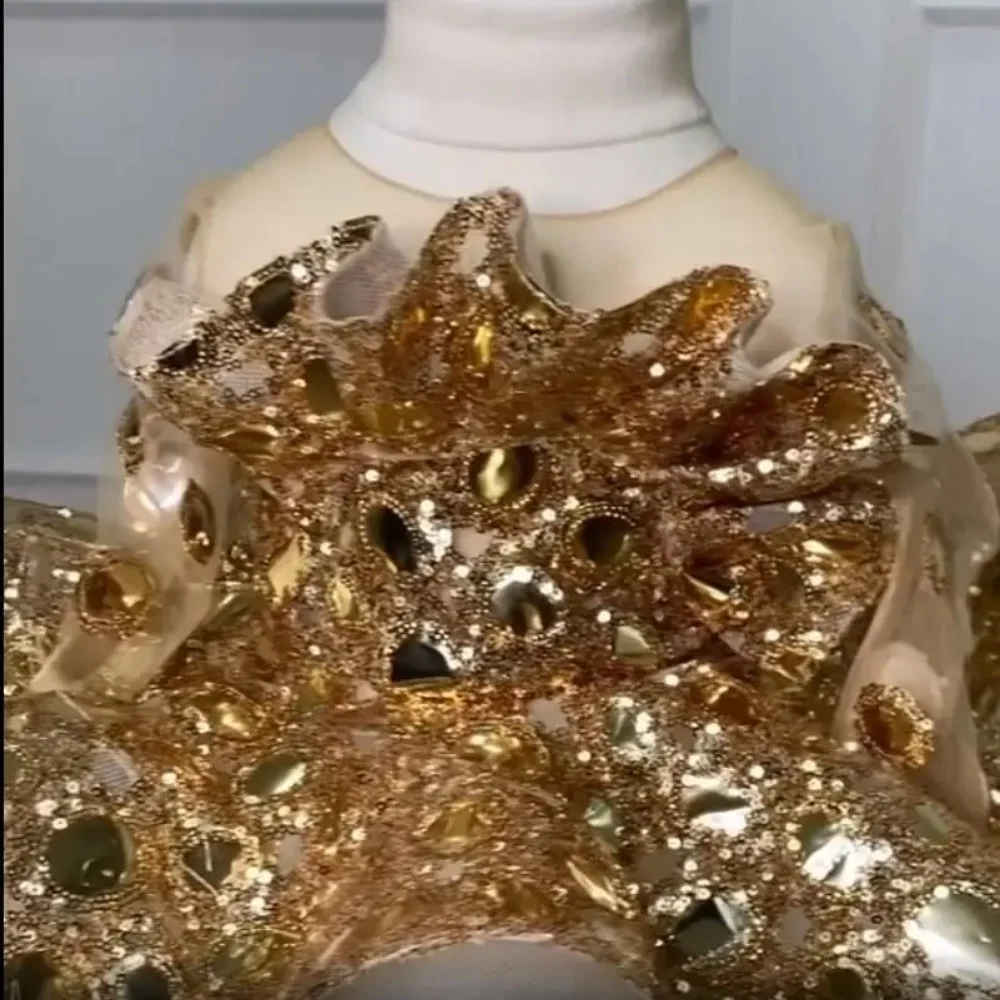 Vestido dorado de flores para niña, para boda, lentejuelas brillantes, volantes hinchados, media manga por encima de la rodilla, fiesta de cumpleaños para niños, vestido de baile para dama de honor