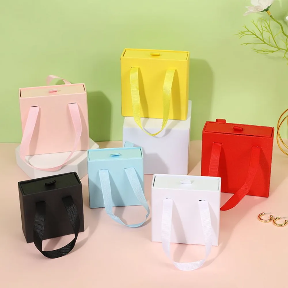 Ribbon Handle Jewelry Package Box Sliding With Handle Gift Box Cardboard Drawer Solid Color Jewelry Display Box Necklaces