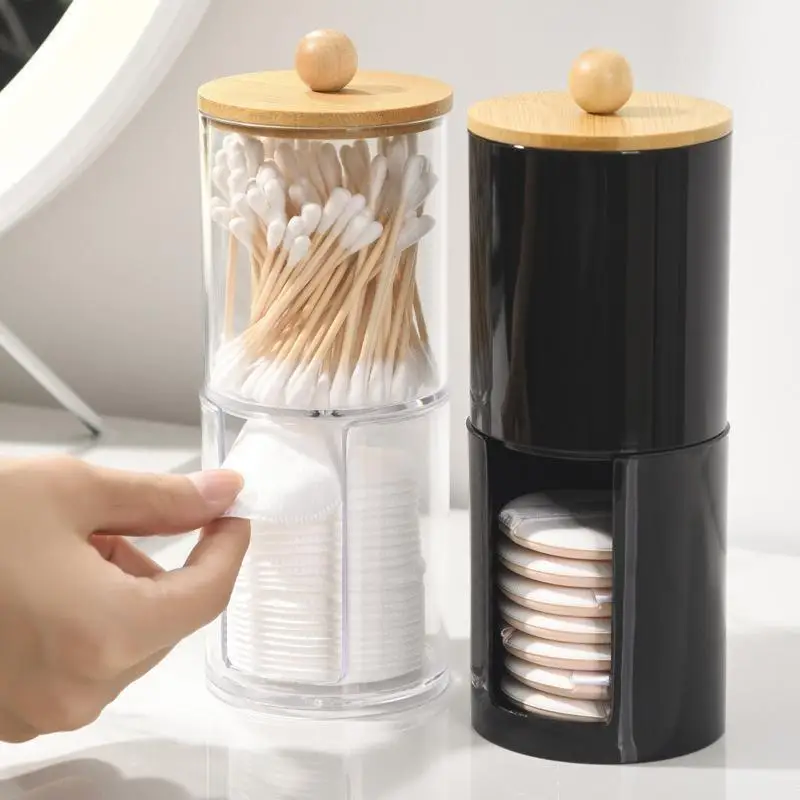 Wattestäbchen-Organizer mit Bambusdeckeln, durchsichtiges Apothekerglas aus Kunststoff für die Aufbewahrung von Kosmetikartikeln auf dem Schminktisch – Detail 10