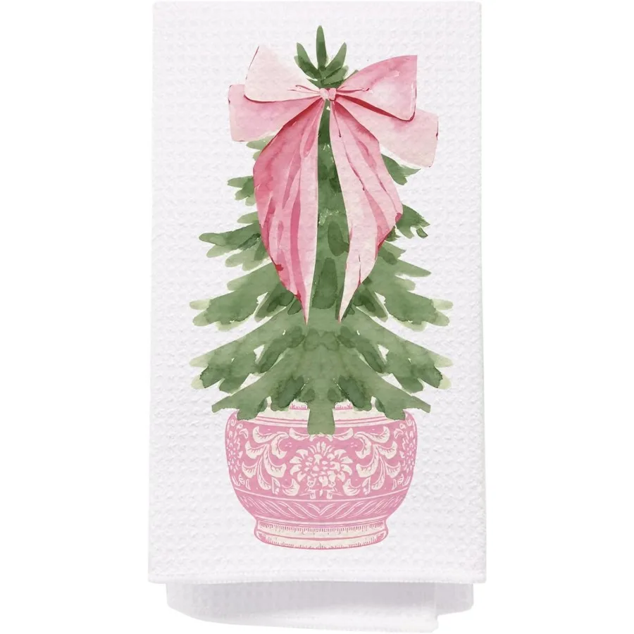 

Рождественские кухонные полотенца в стиле шинуазри с розовым бантом, кокетка, рождественская елка, полотенца для посуды для кухни, ванной комнаты, розовые рождественские полотенца для рук