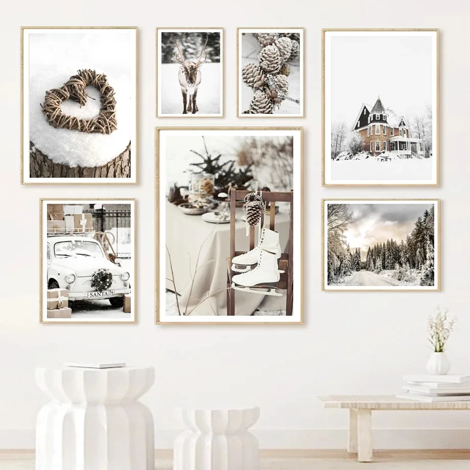 Winter Snow Landscape Castle Car Sleigh Food Shoe Wall Art Canvas Painting Poster and Prints Wall Pictures for Living Room De