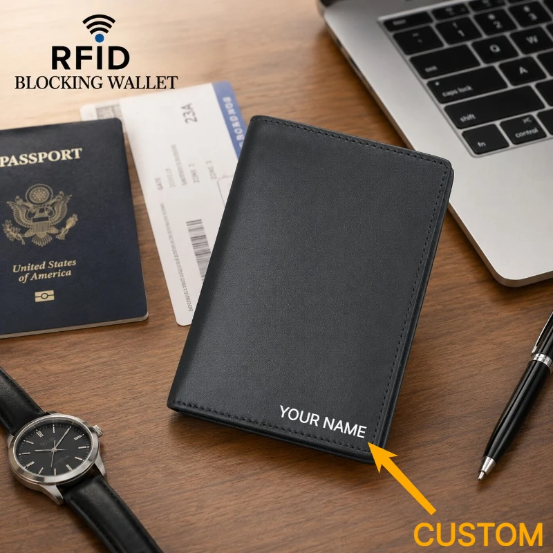 RFID Top Grain Leather Passport Holder Personalized Engraved Travel Wallet Anti-Theft Document Organizer for Men Women