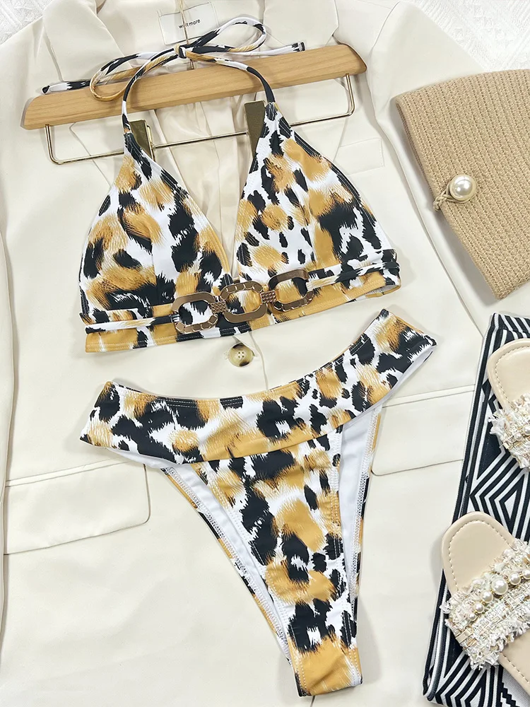 

AOTVOTEE Sexy Laced Up Leopard Backless Bikini 2 Piece Set Women Split Beach Vacation Bikini 2025 New Summer Swimwear Bikini Set
