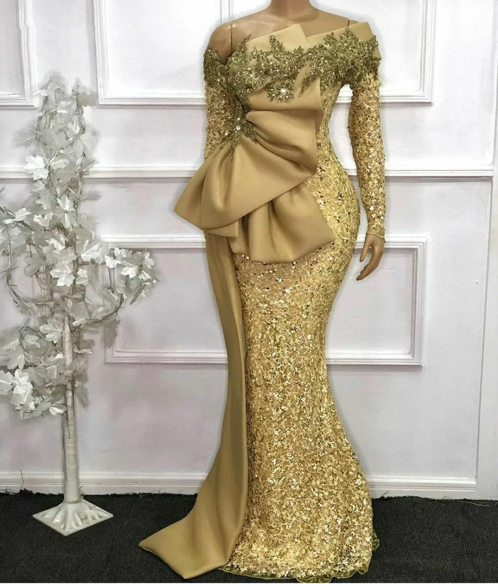 Elegante Afrikaanse Avondjurken 2021 Lange Mouwen Sequin Mermaid Formele Jurk Aso Ebi Gold Kralen Prom Jassen Robe De Soiree