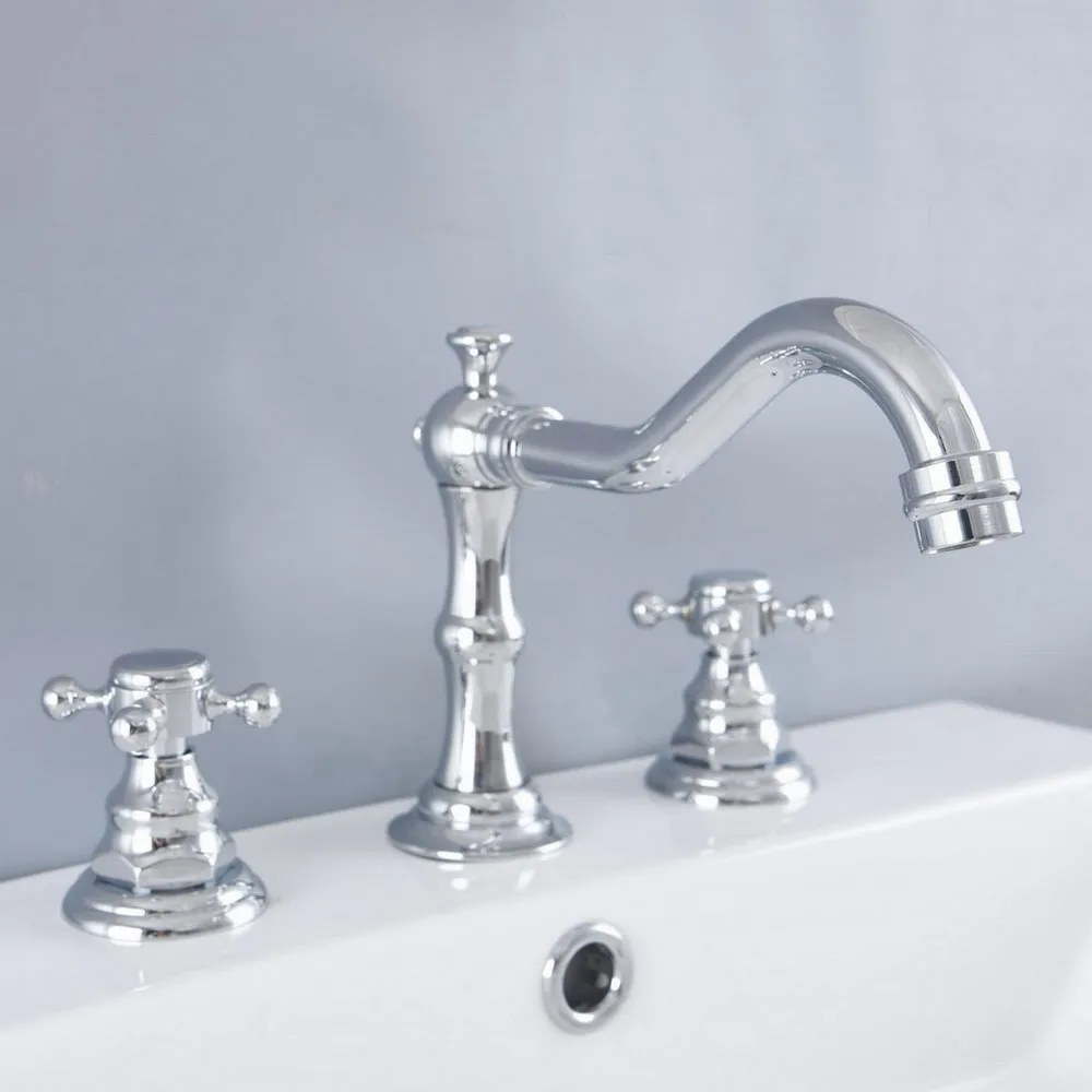 3 pcs Polished Chrome Deck Mounted Bathroom Mixer Tap Bath Basin Sink Vanity Faucet Water Tap Bath Faucets Nnf971