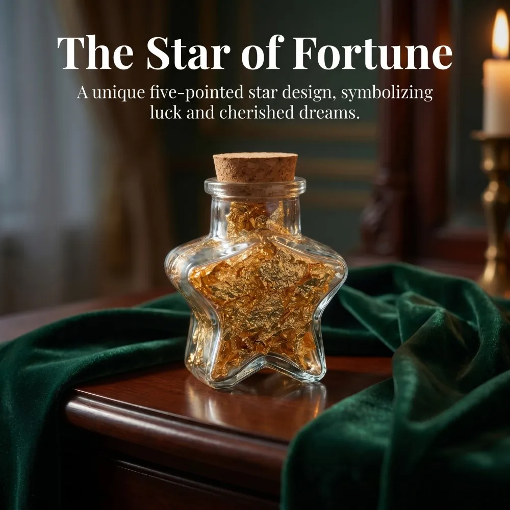 Copos de Oro Ámbar Real en Frasco de Vidrio con Tapón de Corcho, Botella en Forma de Estrella de la Suerte para Manualidades, Arte de Uñas, Resina Epoxi, Regalo y Adorno para el Hogar