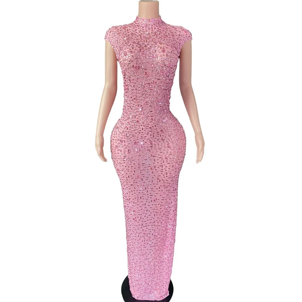 

Women Sexy Mesh Celebrate Evening Prom Birthday Dress Photo Shoot Wear Sparkly Pink Rhinestones Sleeveless Long Dress