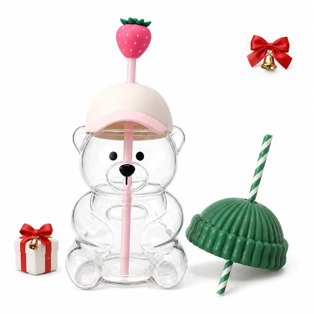 Gifts with Lid Bear Drinking Cup Transparent Large Capacity Bear Straw Cup Teddy Bear Plastic Cup Weekend Picnics