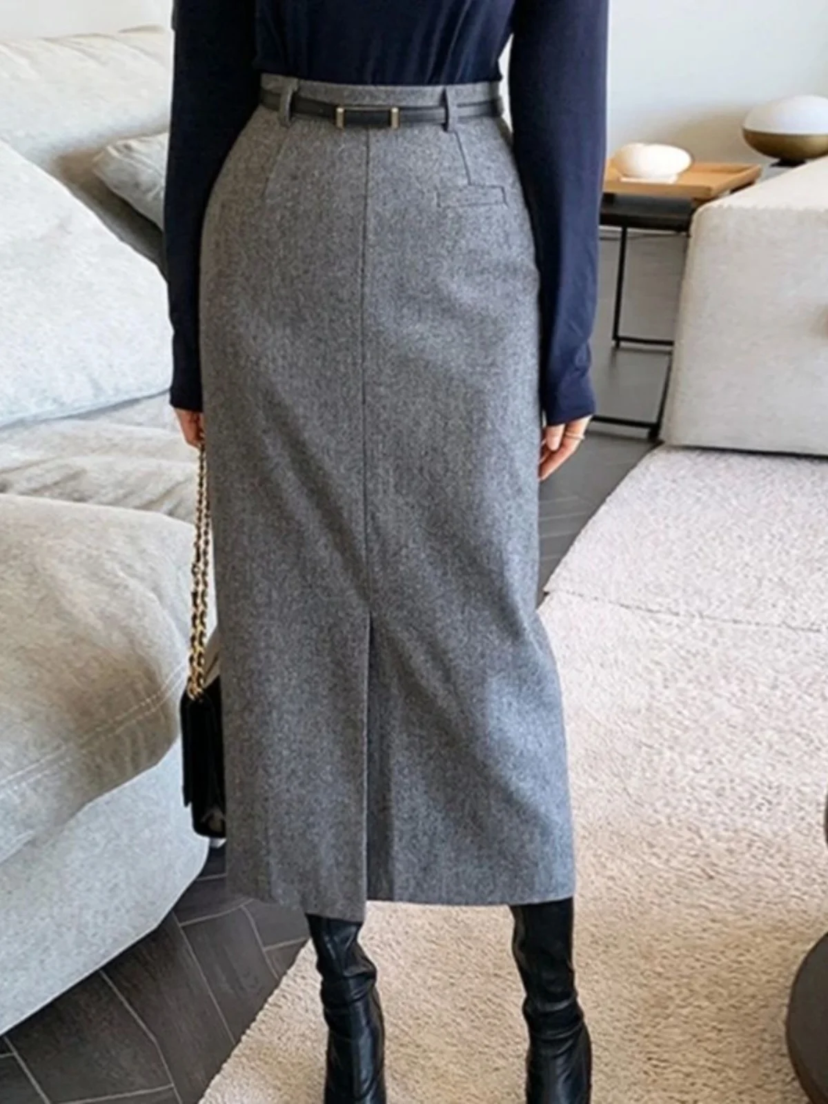 

Spring Thiened ey Hip Wrap Dr Front Slit Street Sle mid Waist A-Line Skirt Polyester Fabric Bodycon Skirt