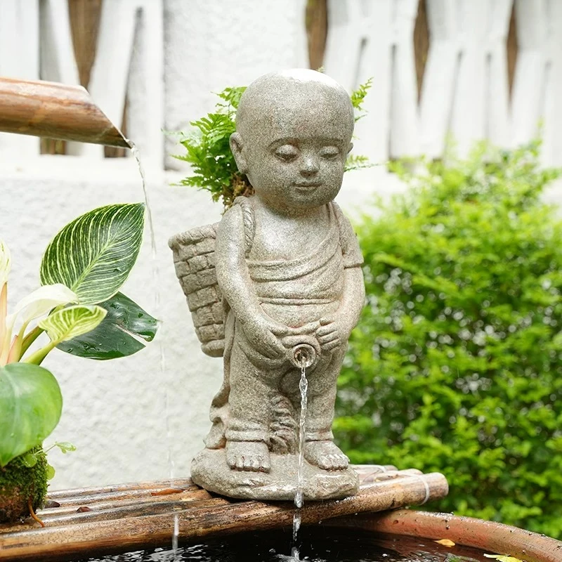 Peeing Boy Garden Fountain Statue Yard Recirculating Water Feature with Fortune Symbol Creative Copper Sculpture Courtyard Decor