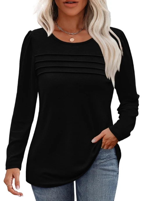 Women's Casual T-Shirt 2024 Summer Autumn Latest Solid Color Loose Round Neck Folded Long Sleeve Blouses Period Minimalist Top