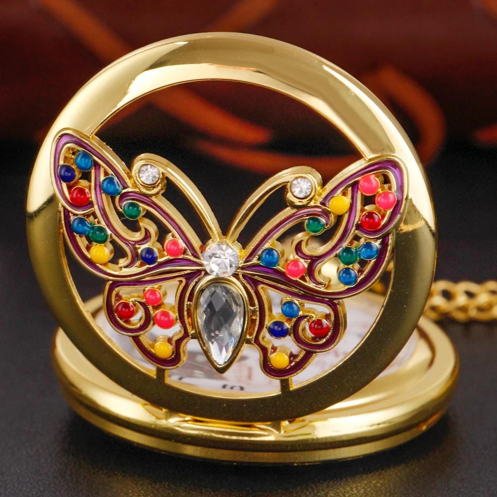 Exquisite Colorful Butterfly Cute Mini Insect  Quartz Pocket Watch Women Girls Necklace Clock Fashion Jewelry Accessories Gifts
