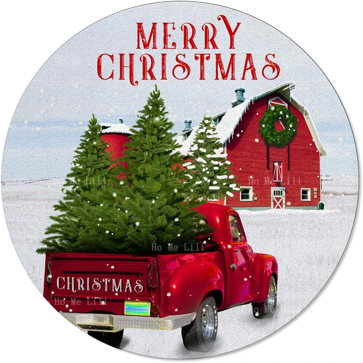 Farm Rustic Vintage Retro Old Christmas Red Truck Fun Xmas Tree Round Area Rugs Floor Carpet