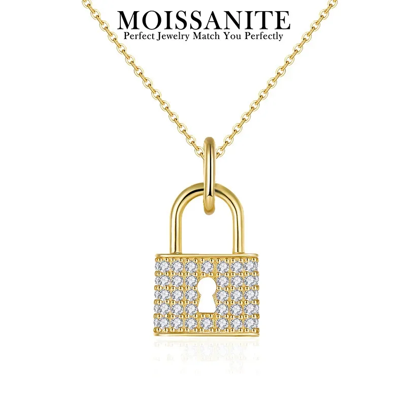 

0.63CTW Moissanite Necklace Lock Pendant 925 Sterling Silver 18K Gold Plated Pave Setting Jewelry for Women Gift