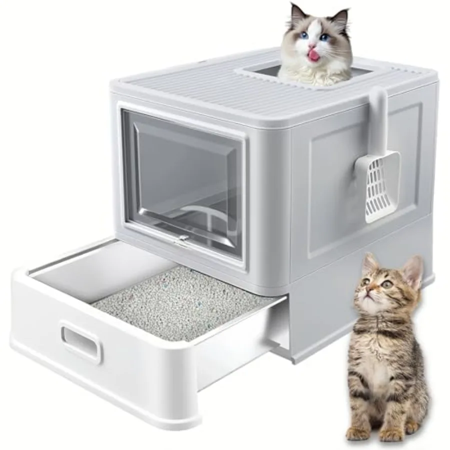 

Stainless Steel Cat Litter Box with Drawer XL Foldable Enclosed Kitten Litter Box with Lid for Indoor Cats Metal Covered Cat Li