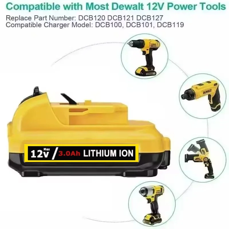Baterie DeWalt DCB120 DCB123 DCB122 DCB127 DCB124 DCB121, 3 kusy, 3000 mAh, 10,8 V, 12 V MAX, lithium-iontová, náhradní, pro DeWalt DCB120 DCB123 DCB122 DCB127 DCB124 DCB121 - náhled 5