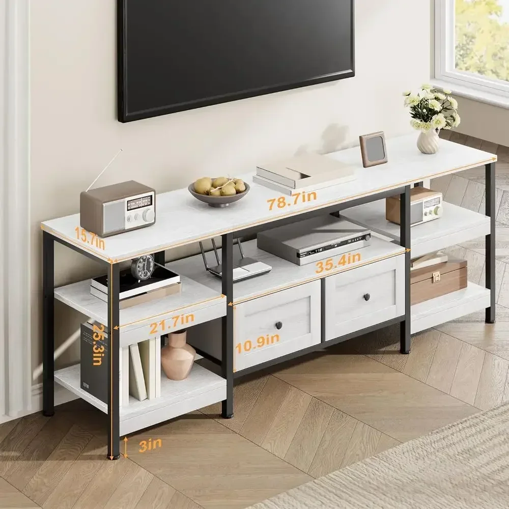 Rustic 79 Entertainment Center with 2 Drawers, Fits TVs up to 85, White Storage Media Console
