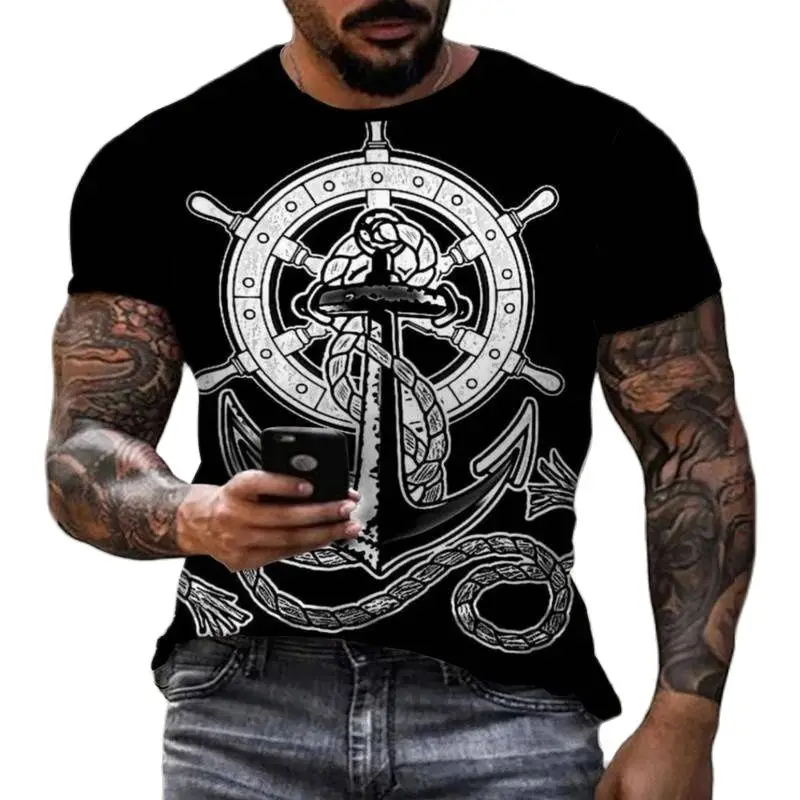 Sailor Anchor Nautical Print Retro Summer Men\'s 3D HD Short Sleeve Fashion Casual Street Harajuku O-Neck T-shirt Oversized Shirt