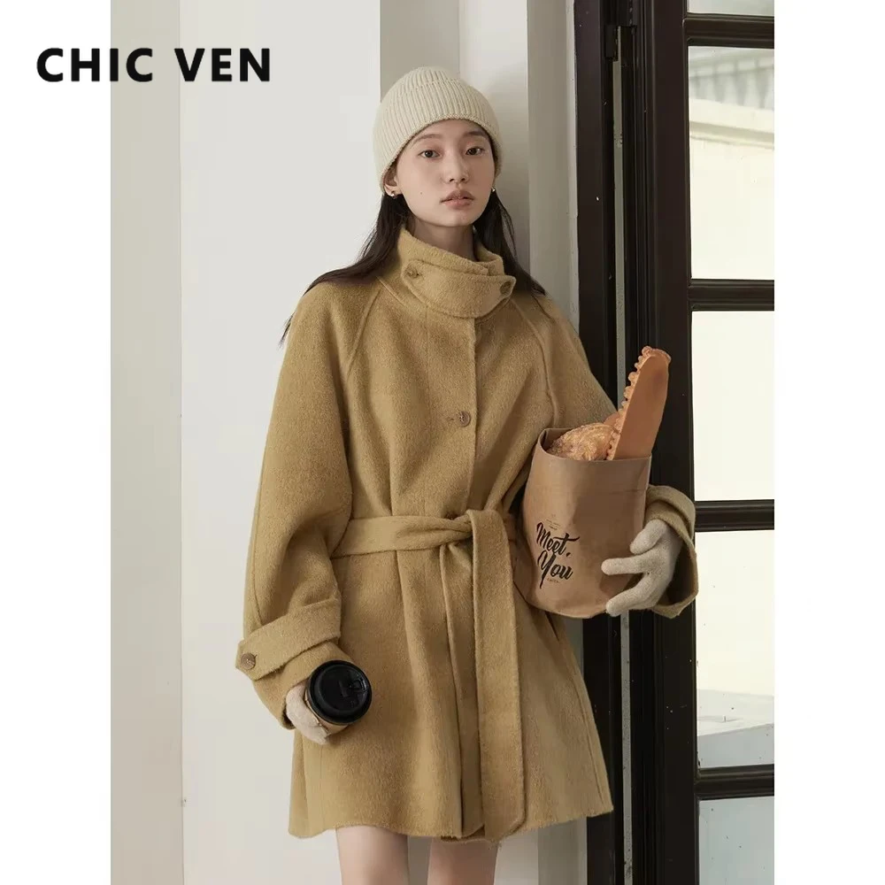 

CHIC VEN Korean Women Woolen Coat Single Breasted Loose Stand Collar Belt Long Double-sided Ladies Overcoat Autumn Winter 2024