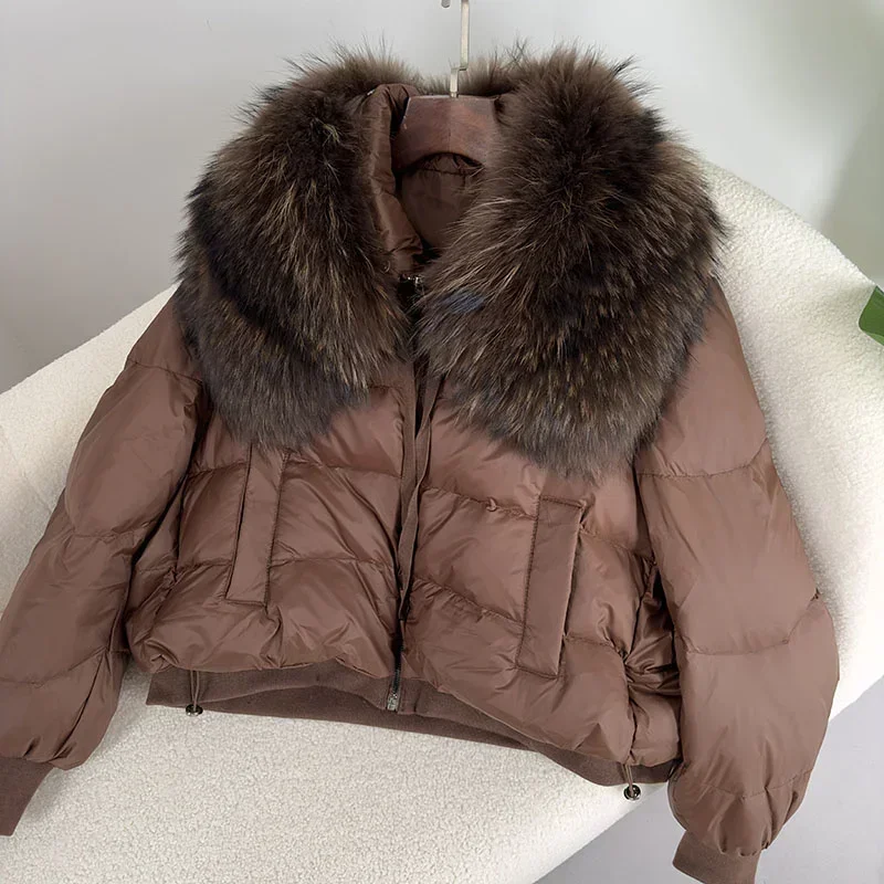 

2025 Winter Puffer Jacket Women Large Real Raccoon Fur Collar Short Female Parkas Thick Warm 90% Duck Down Coat Loose