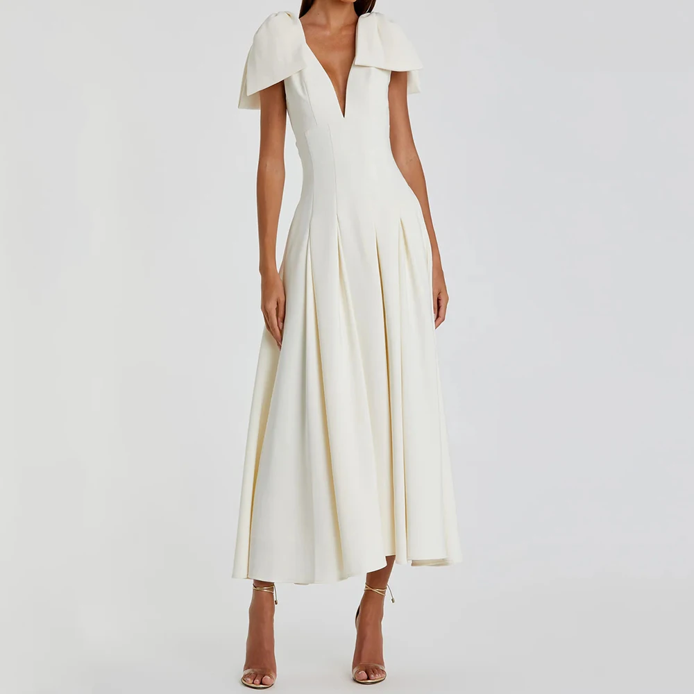 Women's A-line Evening Dresses Tea-length V-neck Sleeveless Prom Gown Fashion Stole Simple Draped Casual Customized Dresses