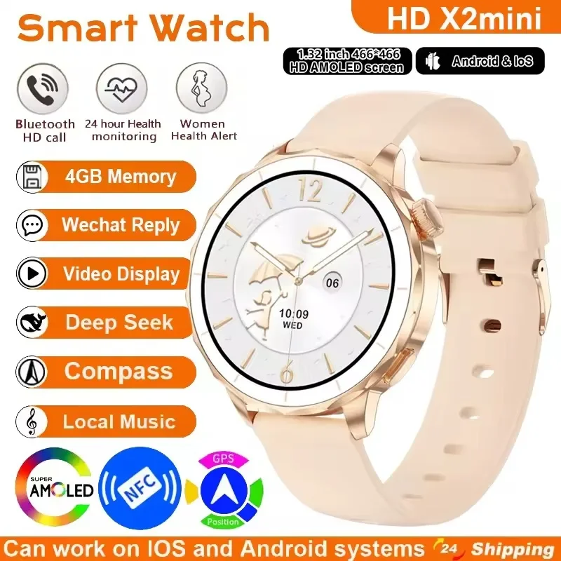 

Lady's Gift 4GB Large Memory Smart Watch 466*466 HD AMOLED Local Video IP68 ChatGPT Women Smartwatch HD X2mini for OPPO Xiaomi