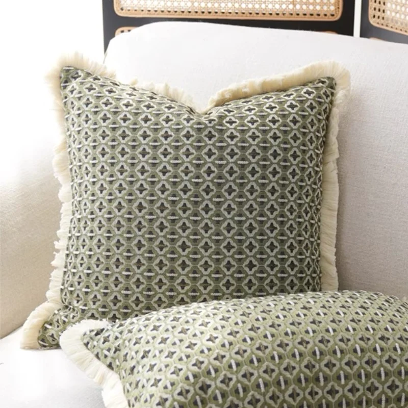 Almofadas jacquard verdes simples, luxuosa, geométrica, capa de almofada moderna com borla, decorativa, para sofá, cadeira, decoração de casa