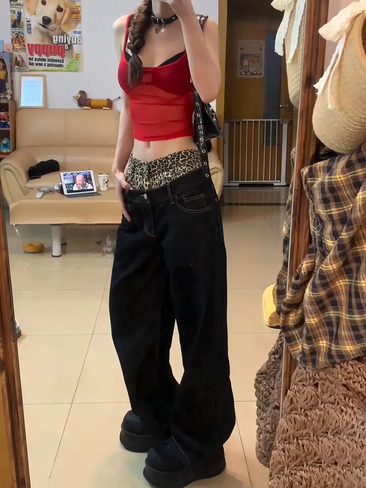 

Американские ретро-джинсы с леопардовым принтом, широкие, прямые, с высокой талией, свободные, повседневные, летние, в уличном стиле