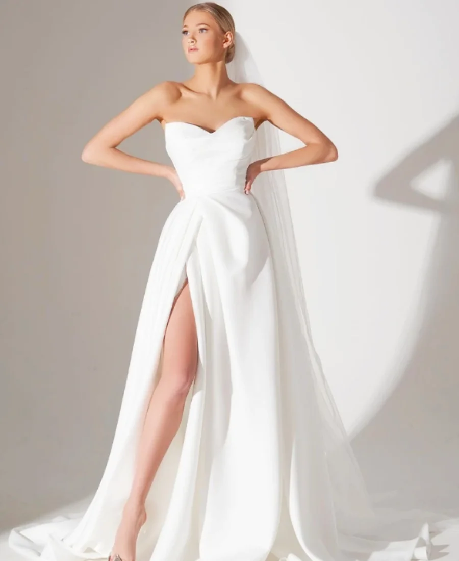 

De Mariee White Simple Elegant Sweep Train Sleeveless Robe Sweetheart Satin Wedding Dress Side Slit A-Line Floor Length Robe