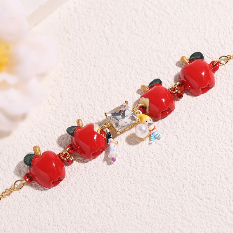 Hand-painted Enamelled Dwarf, Snow White Bite Red Apple, Complex Multi-pendant Cute Fairy Tale Bracelet for Women Children Gift