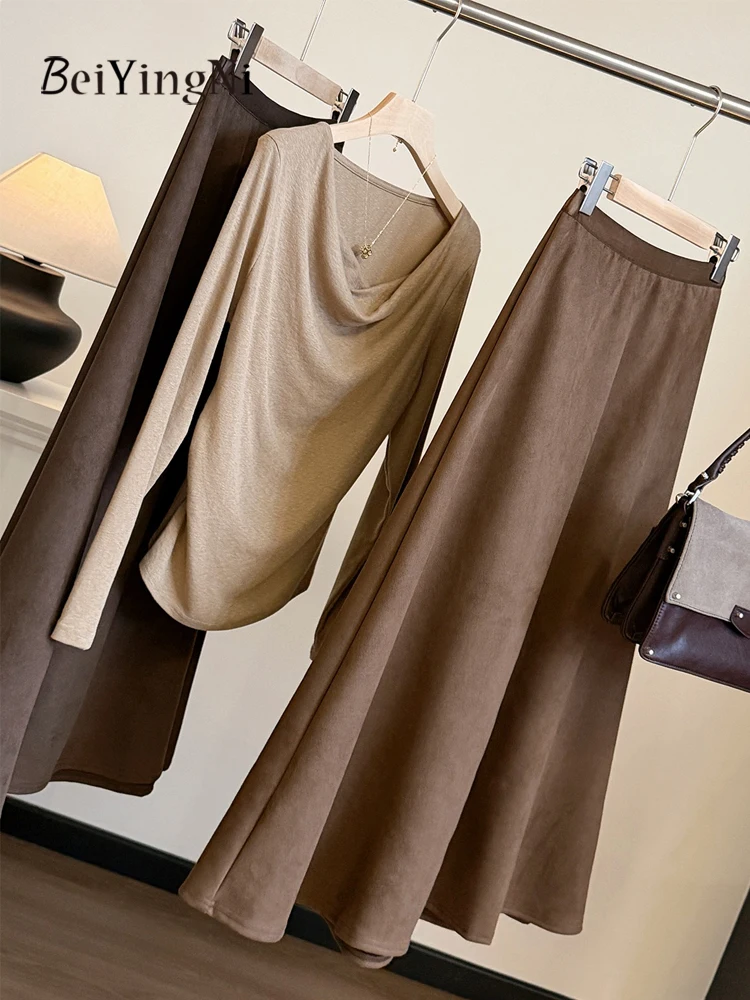 Beiyingni Autumn Winter Suede Long Skirts Women Elastic Waist Elegant A-line Skirt Female 2026 Fashion Street Retro Black Faldas