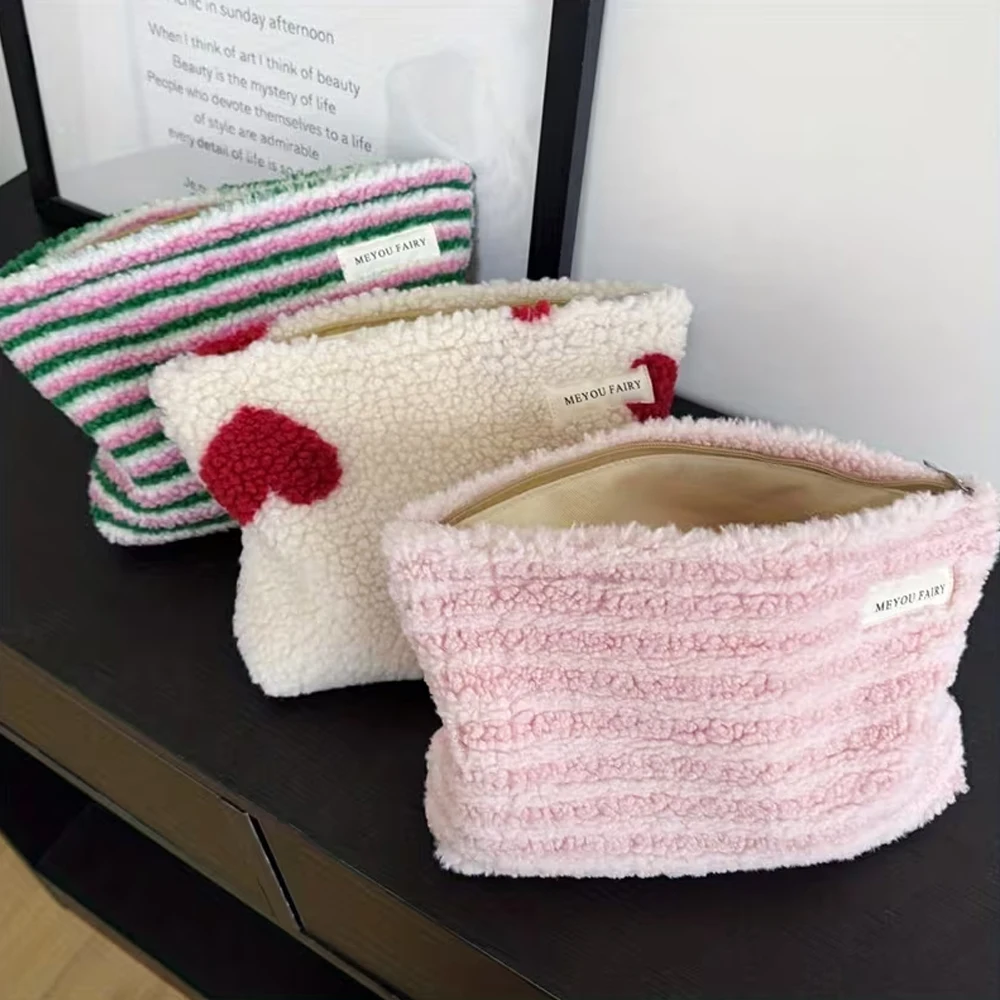 Autumn and Winter Thickened Striped Large Makeup Bag, Cosmetic Storage Bag, Portable Travel Essential Organizer Bag, Gift Bag for Girlfriend or Mom, Zippered Makeup Bag