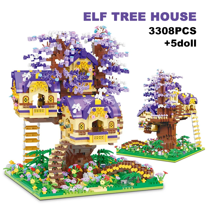 3308PCS Elf Sakura Tree House Building Blocks Forest Cabin Villa Garden Architecture Model Micro Assemble Bricks Toys Gifts Kids