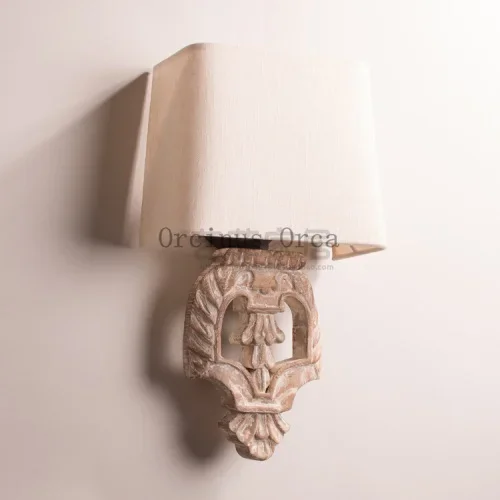 French retro solid wood carving wall lamp, living room, corridor, bedroom, American rural old style hand-made cloth wall lamp