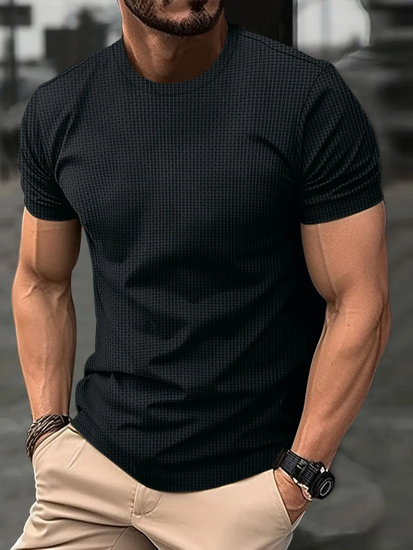 Summer men\'s crew neck short sleeve, new mesh nylon smooth casual slim-fit fashion trend solid color street crew neck pullover