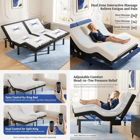 Telaio letto regolabile Tami T600 Split King con telecomando e funzioni di massaggio - Basi letto elettrici sincronizzate per Zero Gr