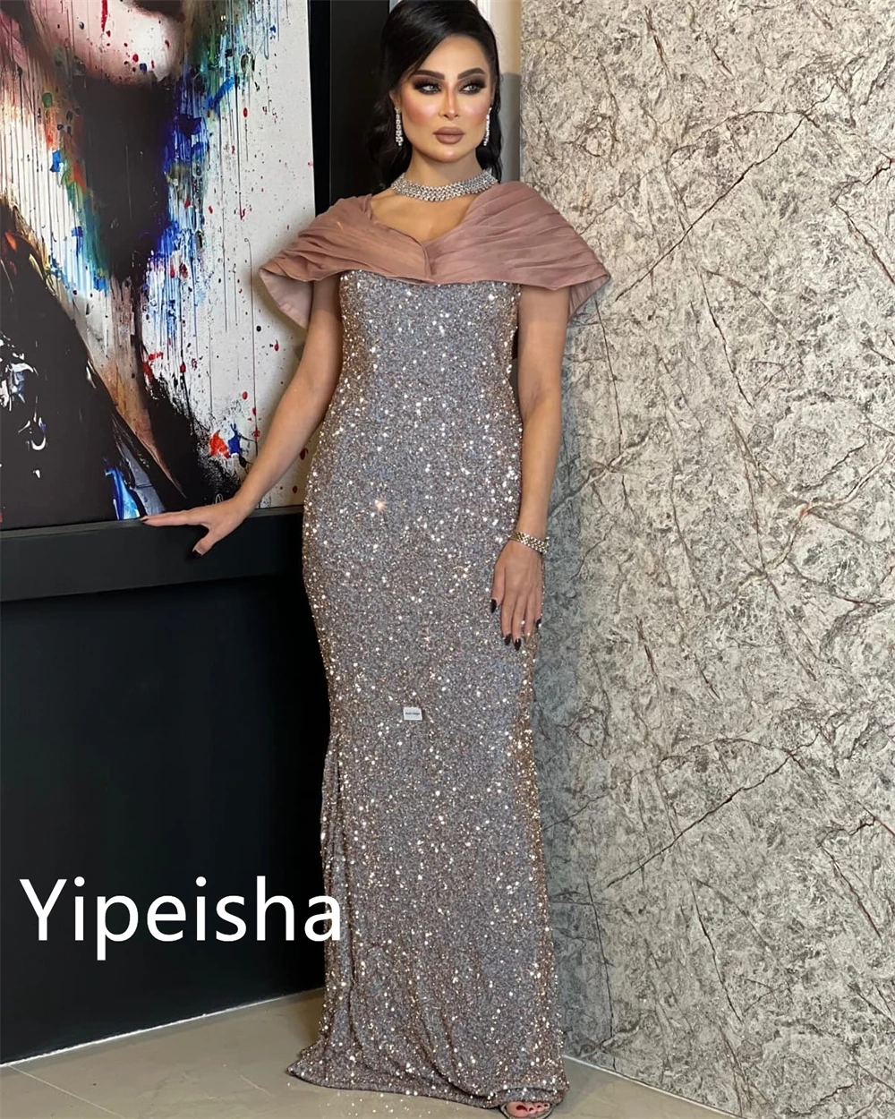 Yipeisha Simple High Quality Off-the-shoulder Sheath Evening Homecoming  Sequin Fold   Satin Quinceanera Dresses