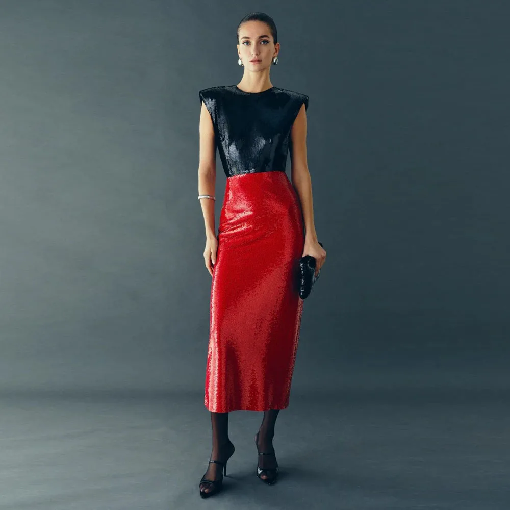 

Fashion Red Sparkle Sequined Women Pencil Skirt With Split Back High Street Female Mid Calf Maxi Skirt Office Lady Skirt