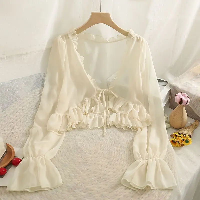 سترات نسائية مكشكشة واقية من الشمس بأكمام مضيئة جمالية ملابس صيفية قابلة للتنفس ملابس غير رسمية متينة شفافة ملابس خارجية #3