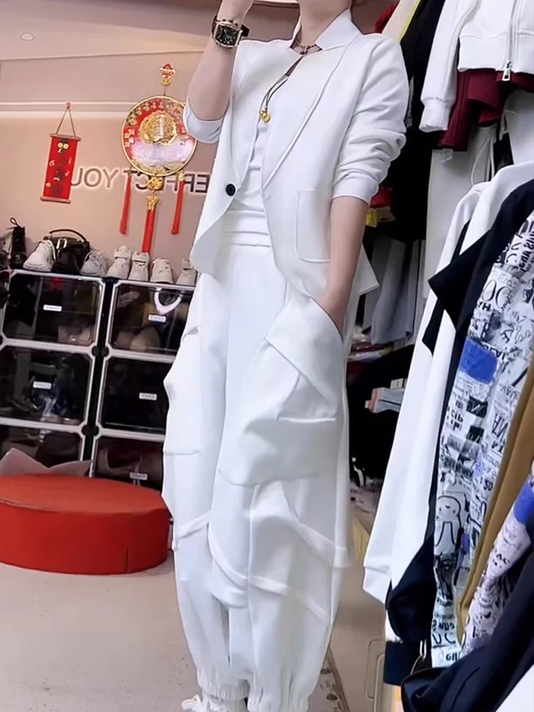 

Осенний новый повседневный и персонализированный трендовый комплект из двух предметов, однотонный костюм с одной пряжкой, комплект из двух предметов, куртка и свободные брюки-фонарики