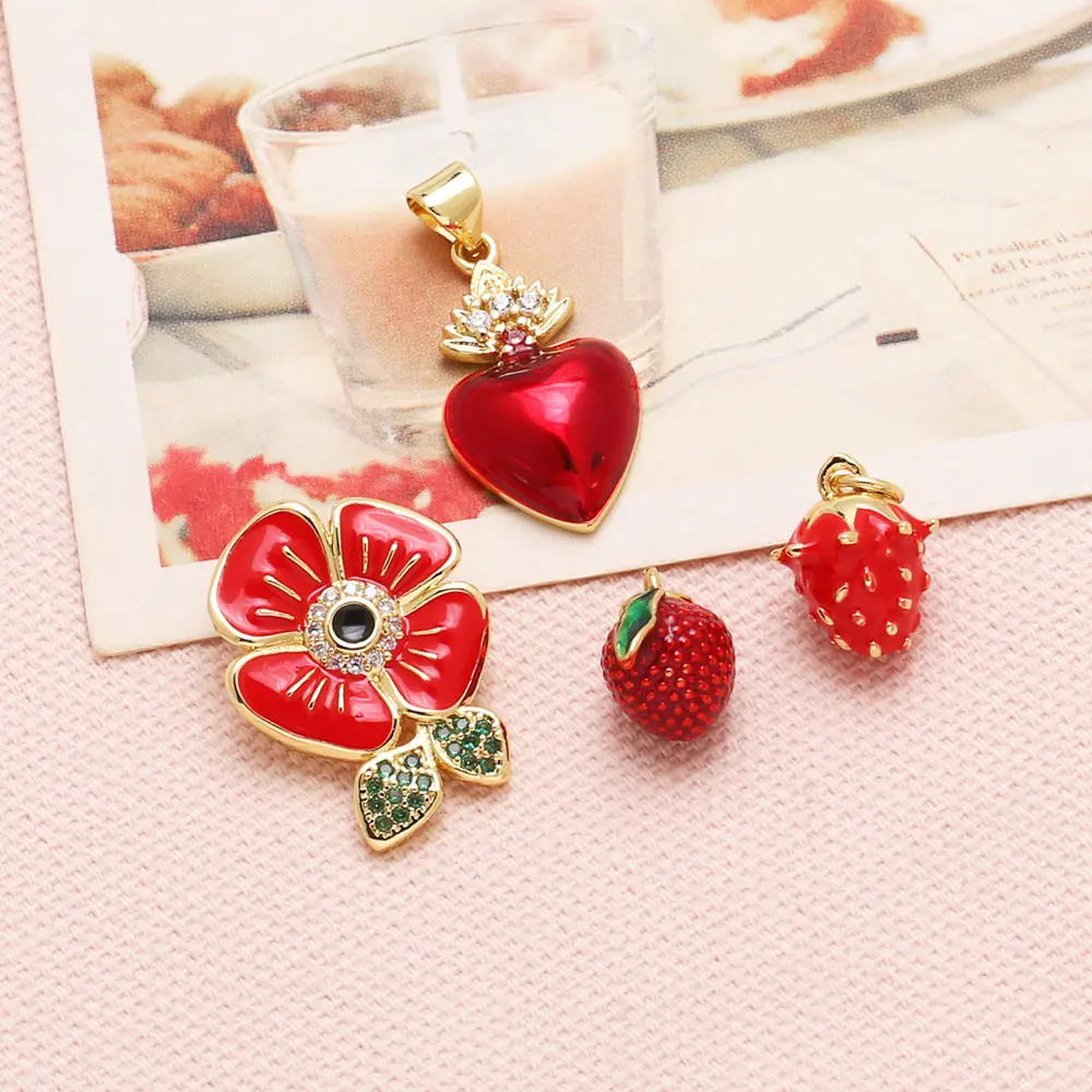 OCESRIO Fashion Red Enamel Pitaya Litchi Pendant for Necklace Copper Gold Plated Heart Flower Jewelry Making Component pdta843