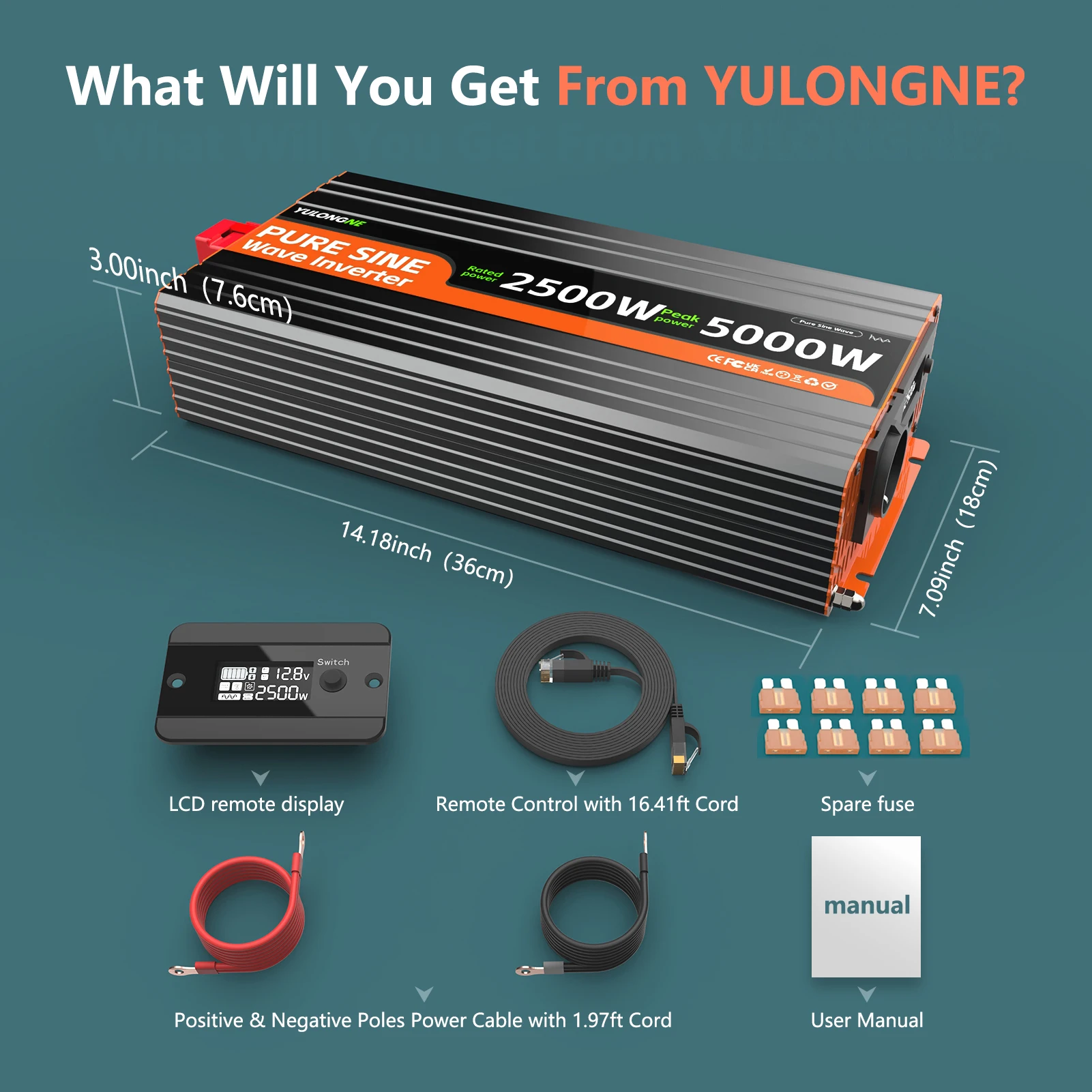 YULONGNE 2500W (5000W Peak) Pure Sine Wave Inverter 12V/24V to 230V EU Socket with LCD Display for Caravan Truck Solar Inverter - view 2