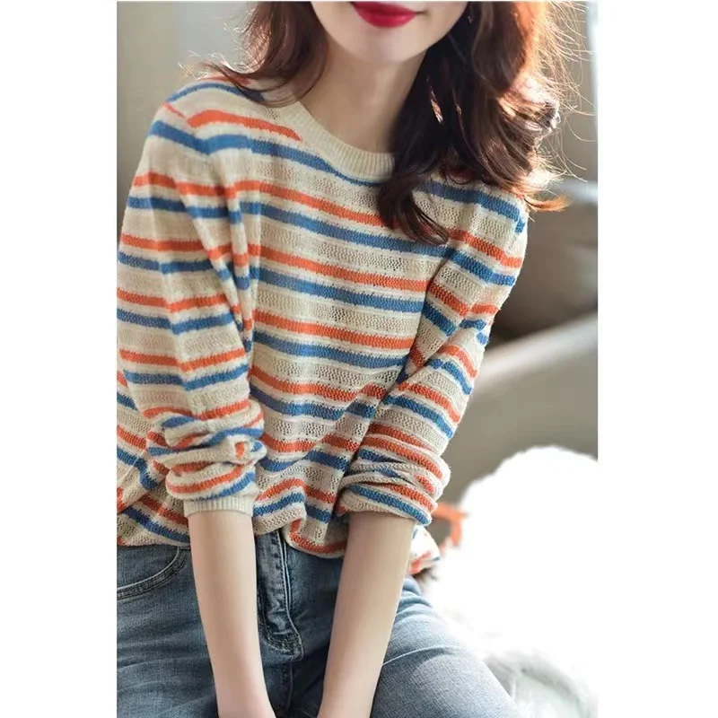 hollow-out color stripe cashmere knitwear women spring and autumn style base wool sweater blouse loose sweater