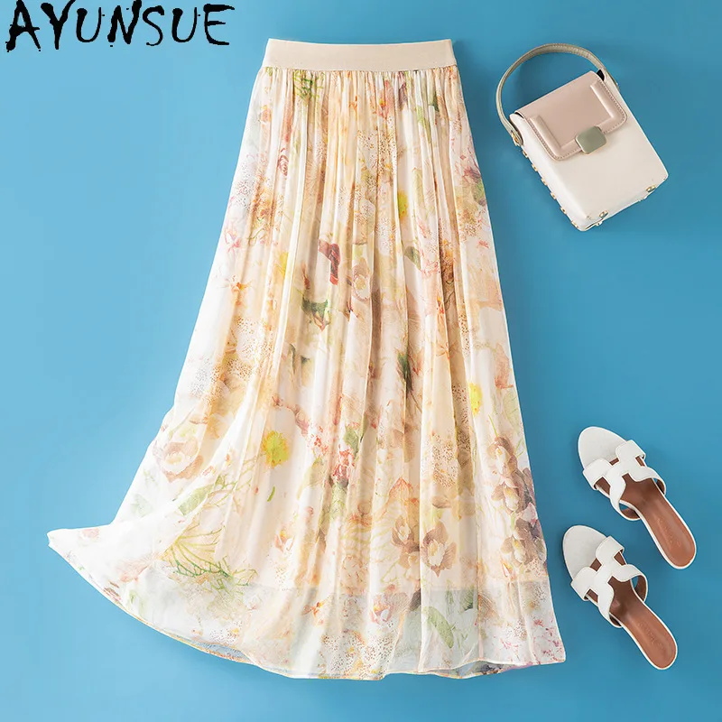 

AYUNSUE Natural Silk Women's Skirts Elegant Floral Skirts for Women Vacation Style Beach Skirt Elastic Waist Woman Clothes Юбка