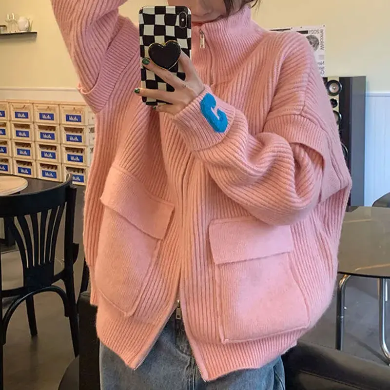 Korean Solid Color Loose Knitted Cardigan Female Clothing Letter Casual Autumn Winter Turtleneck Basic Fashion Zipper Sweaters