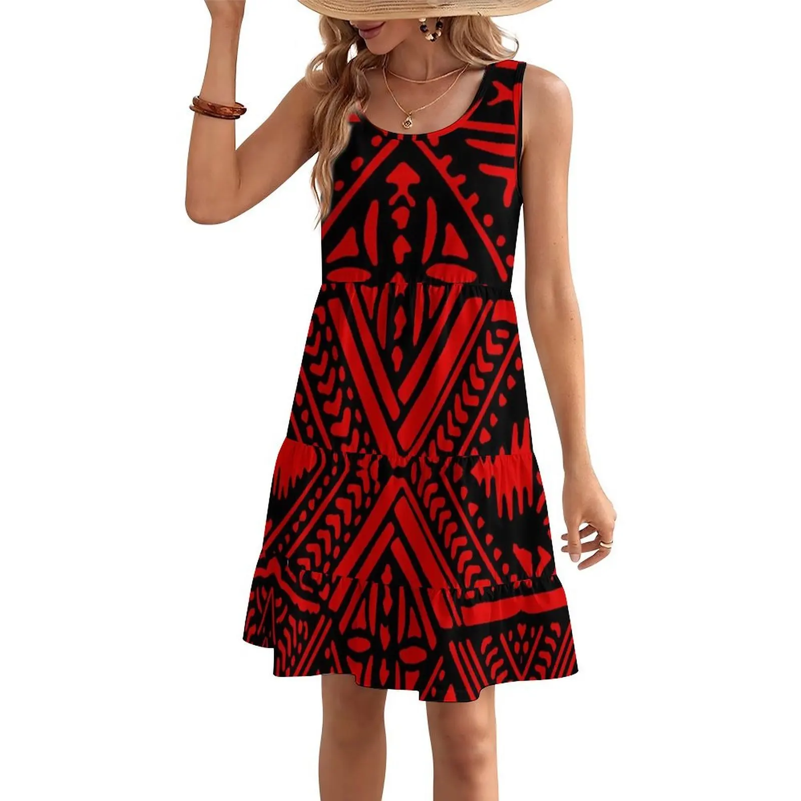 Customized Printed Pattern Polynesian Women'S Fitted And Slimming V-Necked Blouse-Style Dress Hawaiian Loose Cake-Style Skirt