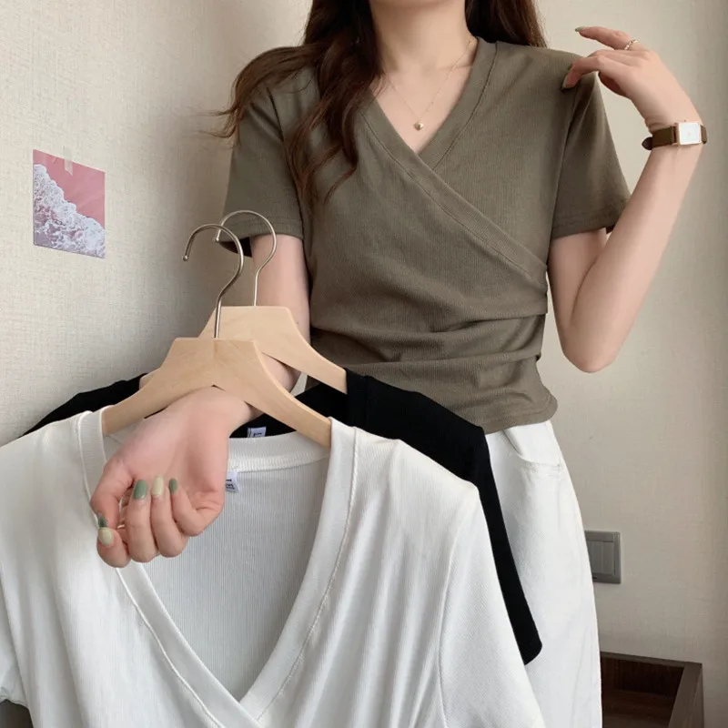 Summer Koran Fashion Y2K T-shirt Woman V-Neck Cross Tee Shirt Femme Sexy Skinny Tshirt Women Short Sleeve Clothes Tops Black 90S
