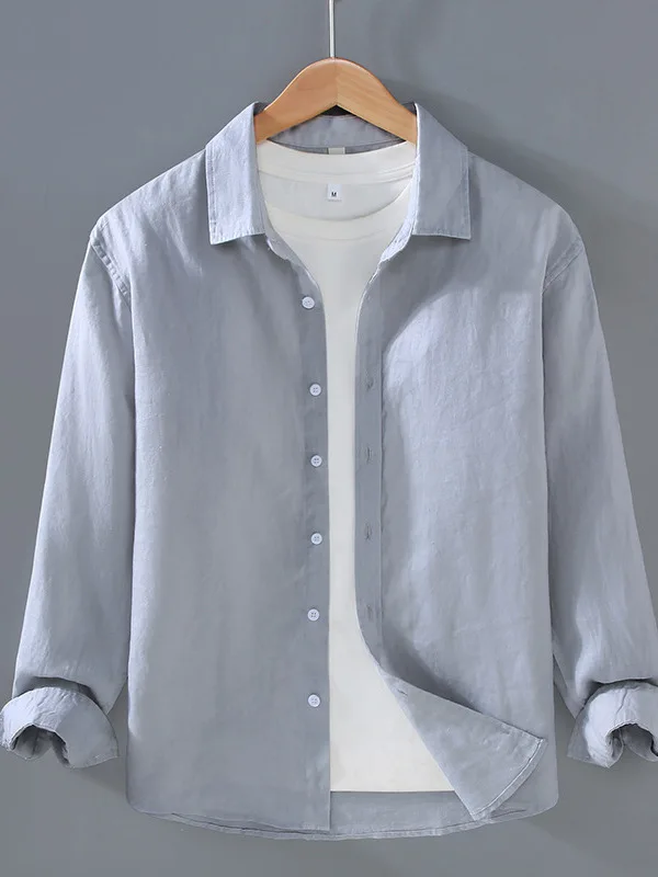 

Мужская рубашка из чистого льна: дышащая, легкая, универсальная, повседневная, весенняя, новая модель, модная, полностью льняная.